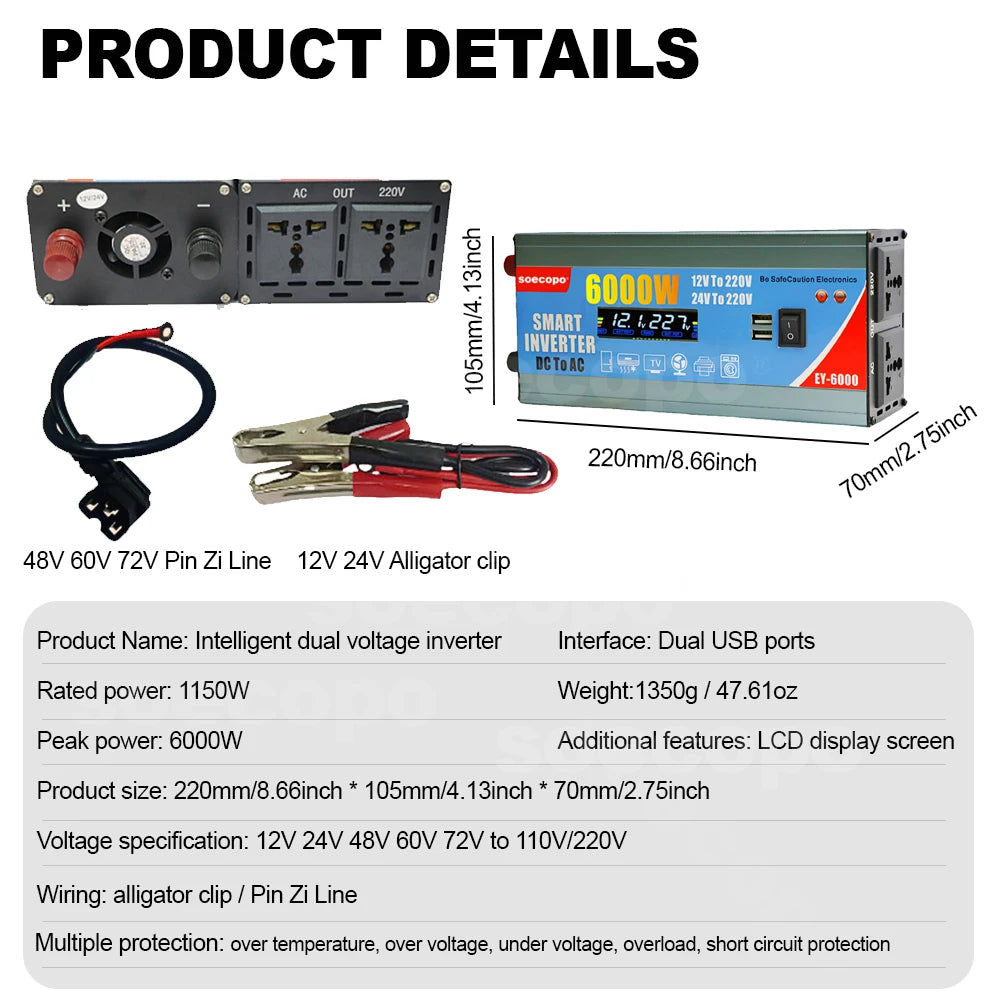 High-Efficiency 6000W Dual Voltage Power Inverter with LCD Display, Multi-Protection & Dual USB Ports Zpaxo
