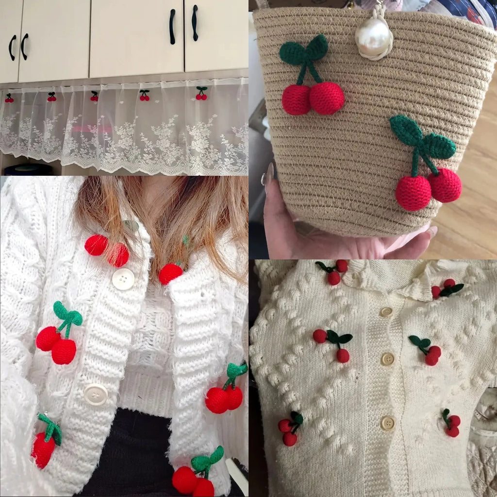 2pcs Handmade Crochet Cherry Brooch Knitting Appliques for Crafts Accessories DIY Brooch Pin Clothes Sweater Canvas Bag Decor Zpaxo