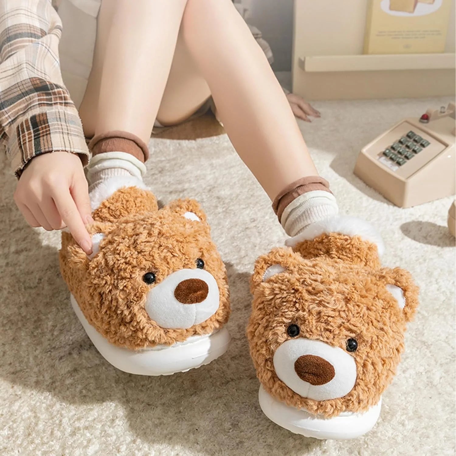 SHAJI Unisex 3D Animal Plush Slippers Cute Dog Bear Fleece Lined Warm