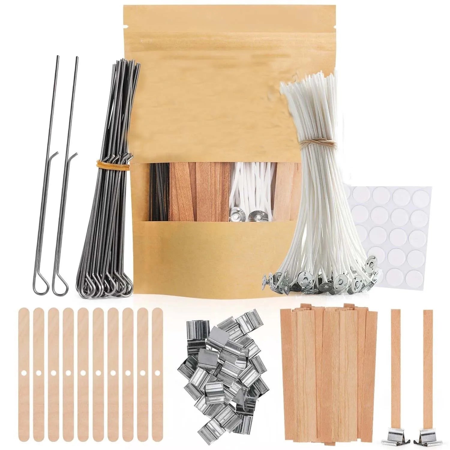 Candle Making Supplies Kit -Natural Cotton Wooden Wicks with Stickers and metel wick holder Centering Device for Candle Making Zpaxo