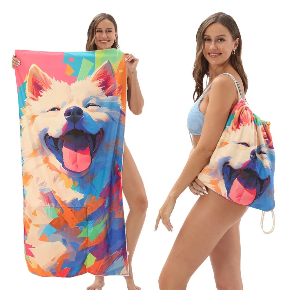 Beach Towel Lightweight Quick-drying Absorbent Soft Foldable Backpack Zpaxo dog 80x160cm