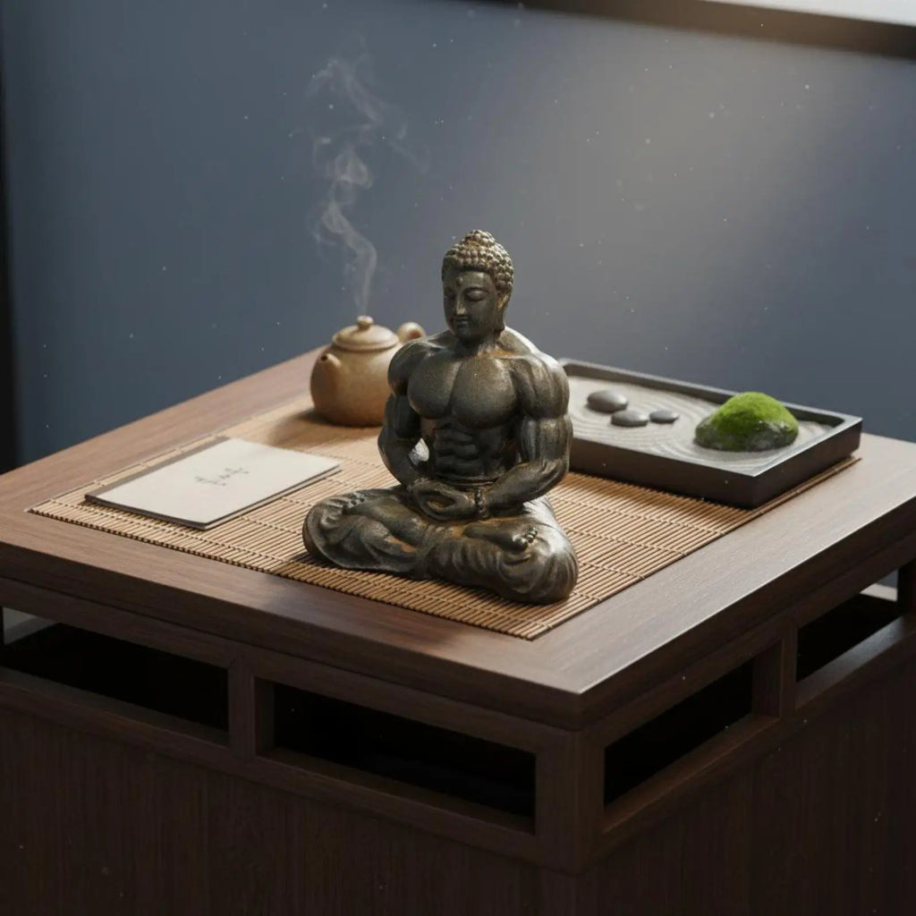 Resin Muscular Buddha Statue Creative Design Bodybuilder Buddha Figurine Vintage Style Meditating Muscle Man Statue for Fitness Zpaxo