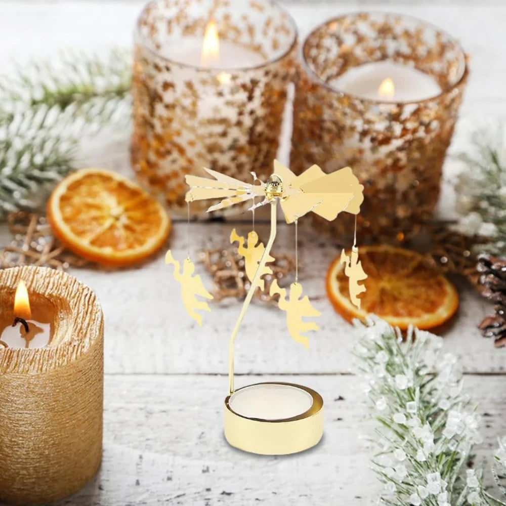 Christmas Golden Candlestick Metal Tea Lamp Stand Tree Rotating Zpaxo