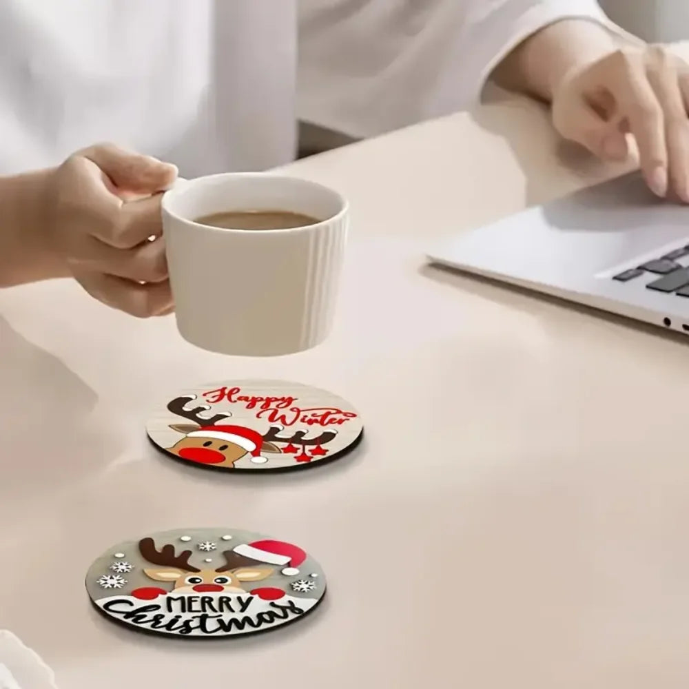 Charming 6-piece Wooden Christmas Coasters Suitable Round Design Zpaxo