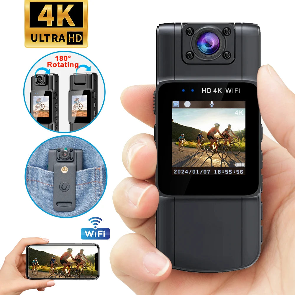 Ultra HD 4K Mini Camera Bodycam 180° Adjustable Sports DV Camera Outdoor Law Enforcement Recorder Wifi Hotspot Night Vision Cam Zpaxo