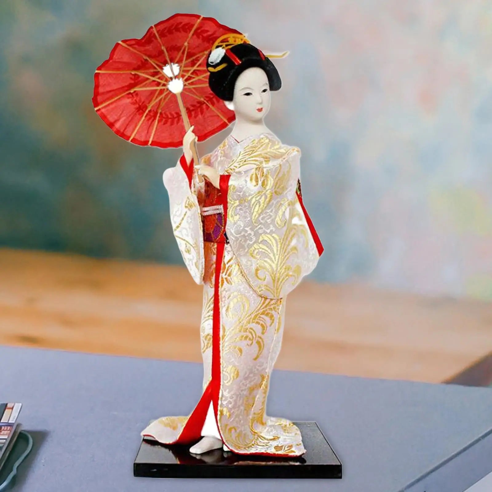 Japanese Geisha Figurine Doll – 12" Kimono Collectible Ornament Collectible Figurine Zpaxo 12inch beige red