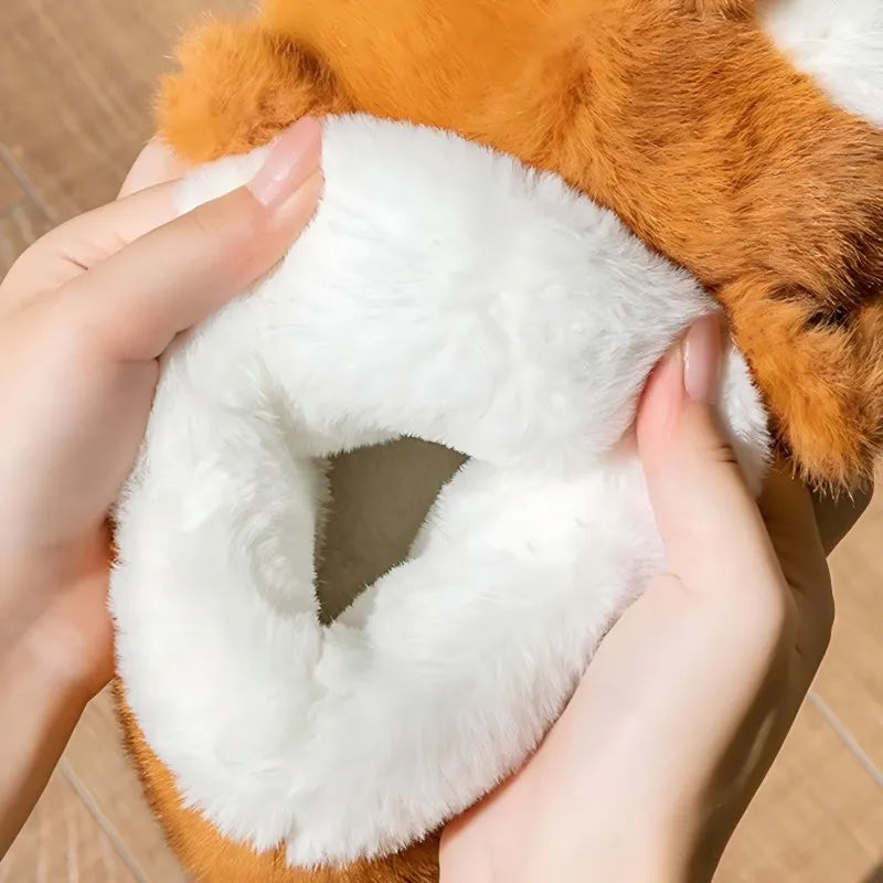 SHAJI Winter Warm Fleece Slippers Women Cute Corgi Closed Back Cotton