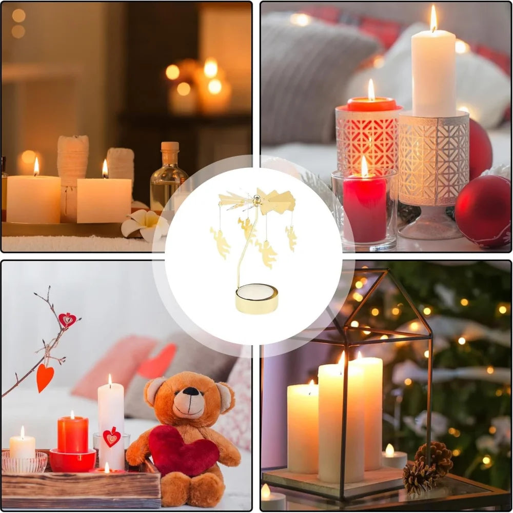 Christmas Golden Candlestick Metal Tea Lamp Stand Tree Rotating Zpaxo
