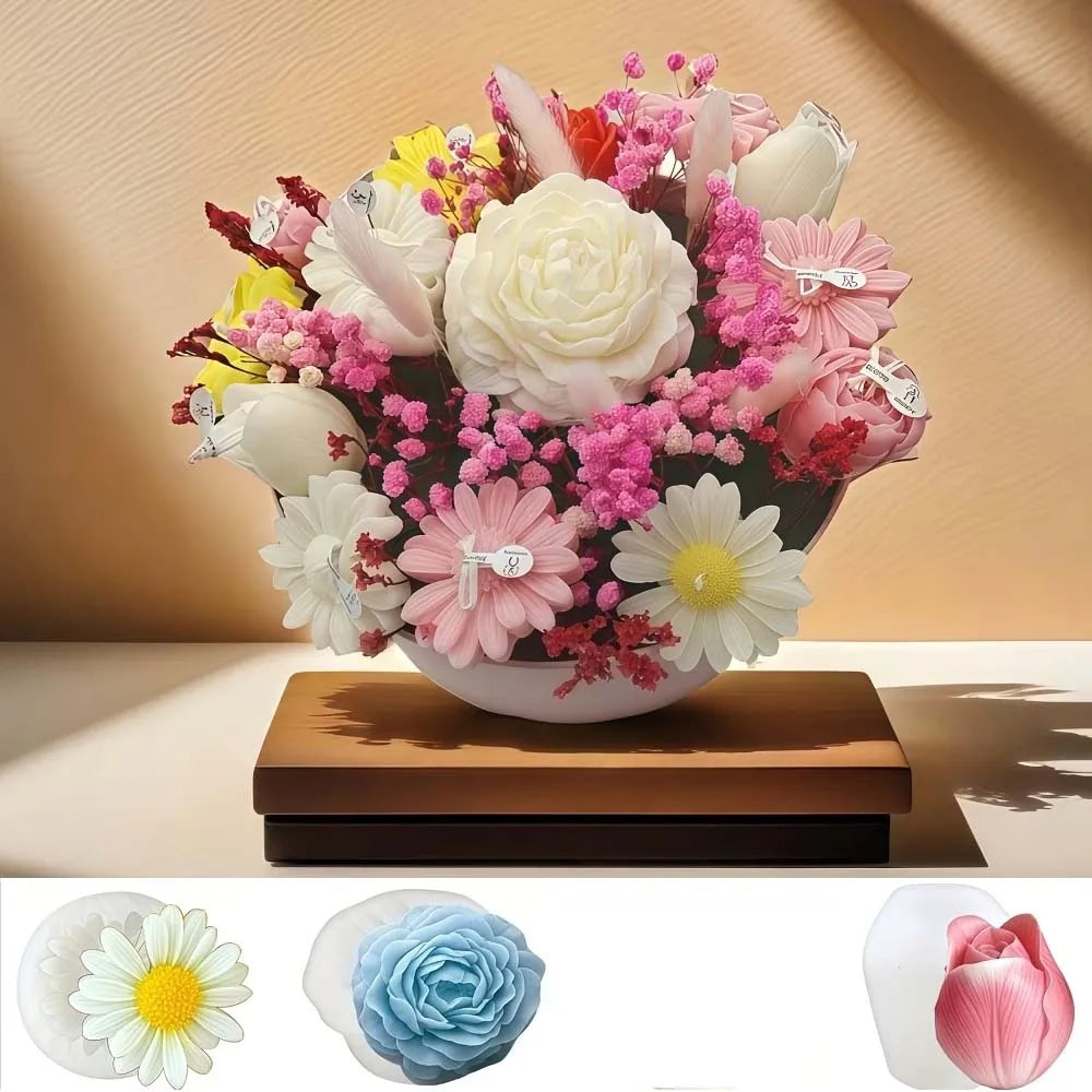3pcs/set Candle Molds, Peony,Rose,Tulip,Silicone Molds-for Candle Making,Resin Crafts, Wax/Plastic Materials-for Valentine'S Day Zpaxo