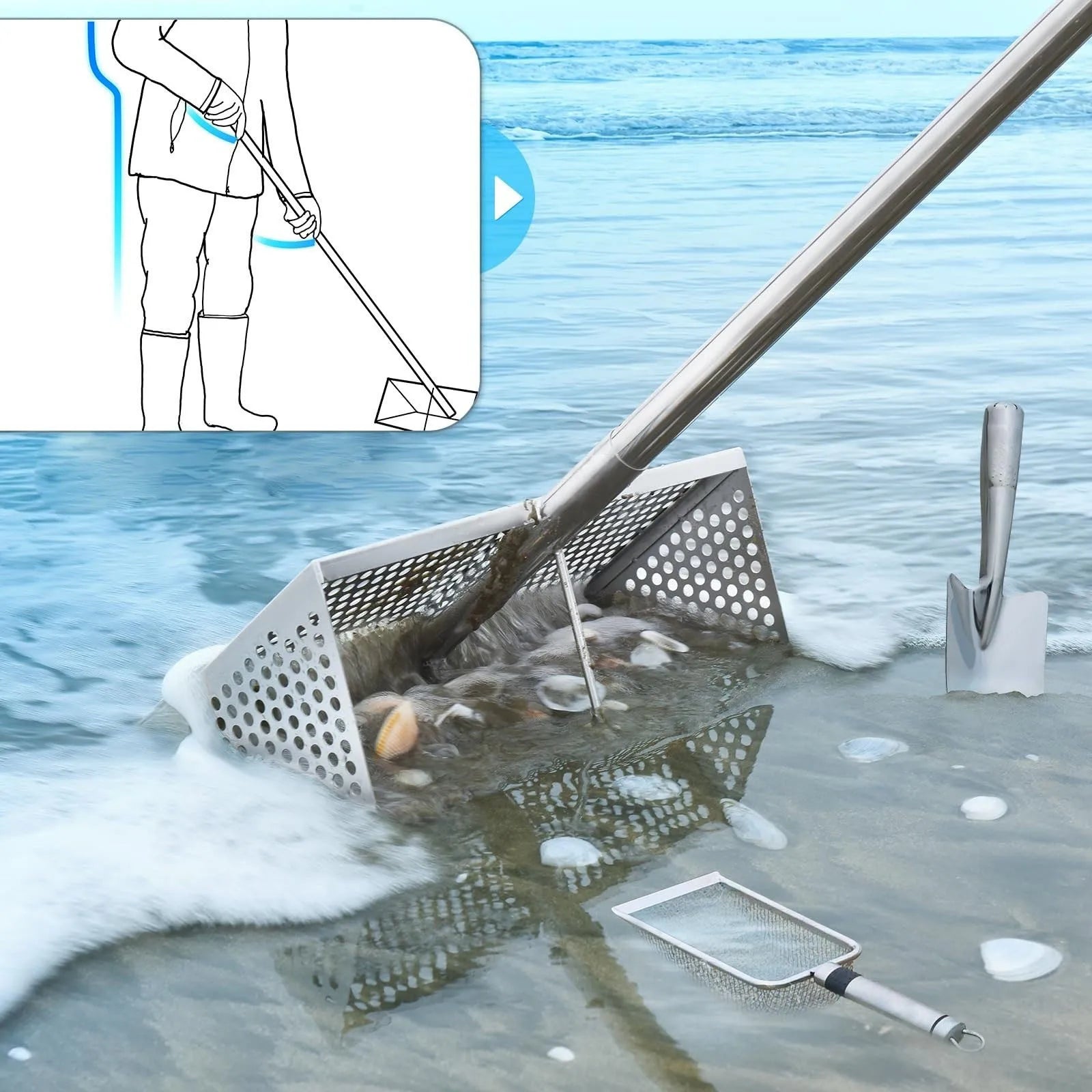 Sand Rake Telescopic Long Handle Beach Sifter Sand Sifter Scoop Cat Scooper for Litter Boxes Kitten Litter Scoop Carbon Steel Zpaxo