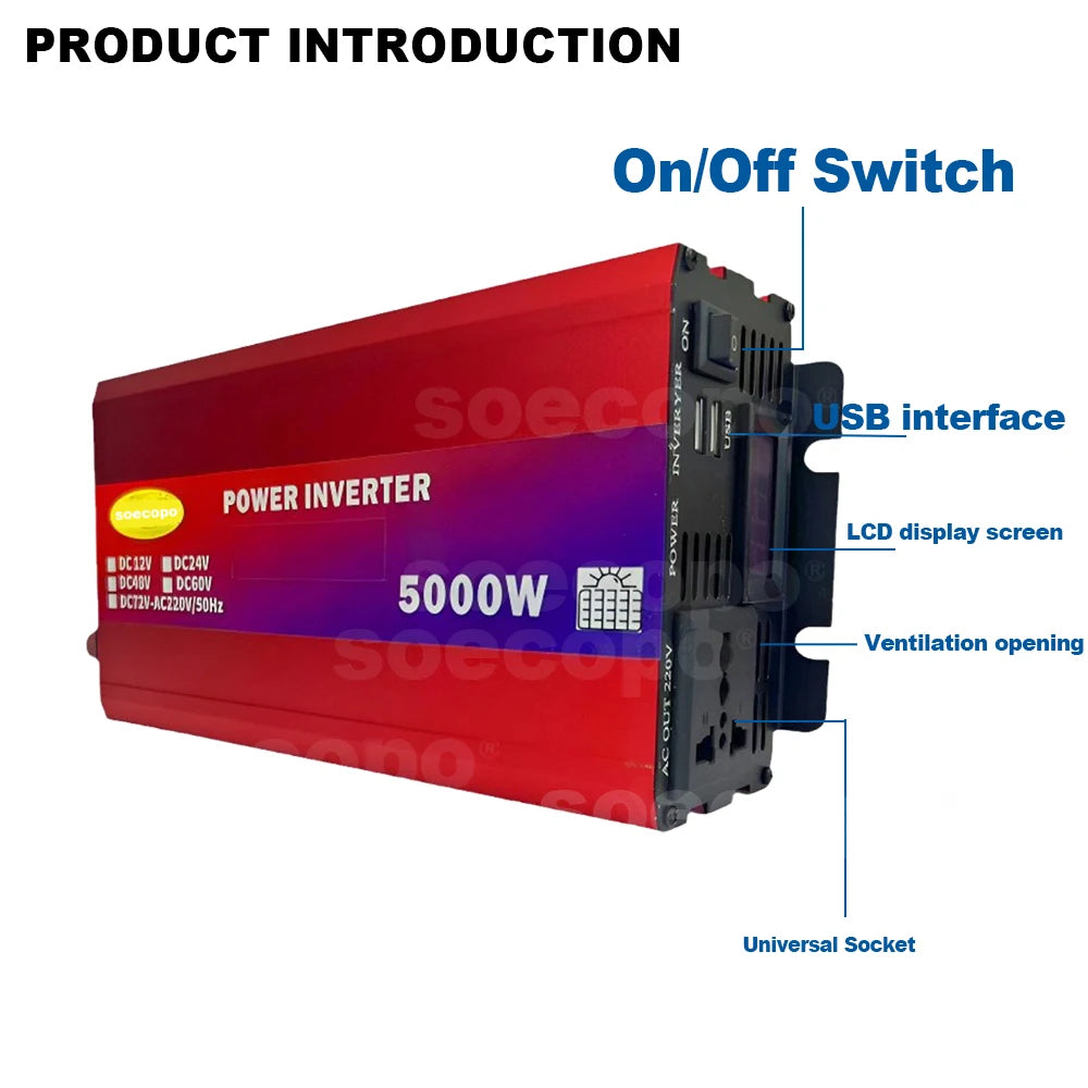 Heavy-Duty DualVoltage Inverter 4000W 5000W 12V24V/48V60V/72V to 220V with LCD Display USB Charging and Comprehensive Protection Zpaxo