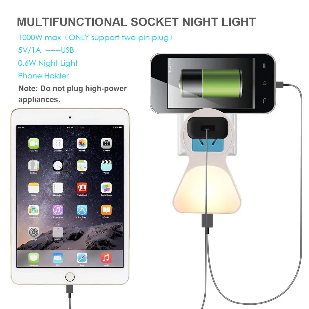 2-in-1 Portable Wall Outlet LED Night Light Dusk Dawn Sensor USB Zpaxo