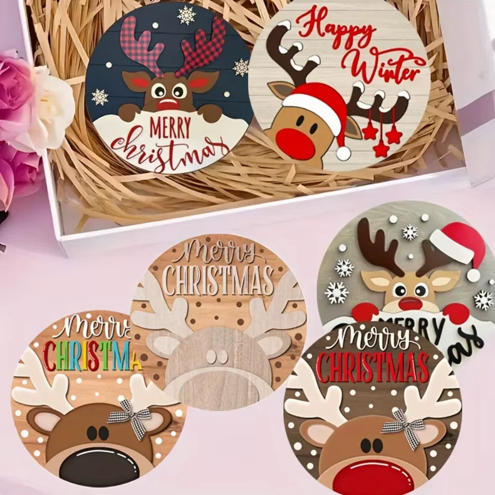 Charming 6-piece Wooden Christmas Coasters Suitable Round Design Zpaxo
