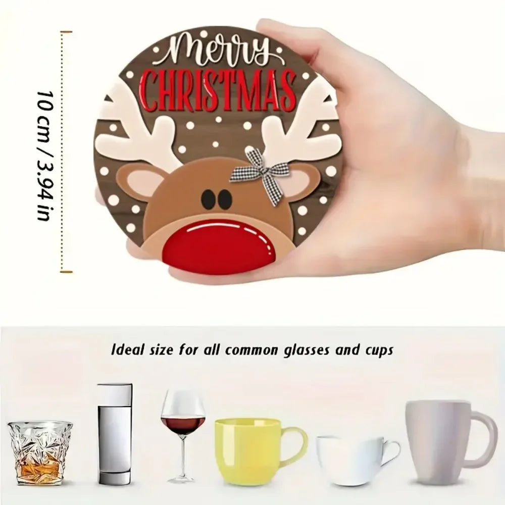 Charming 6-piece Wooden Christmas Coasters Suitable Round Design Zpaxo