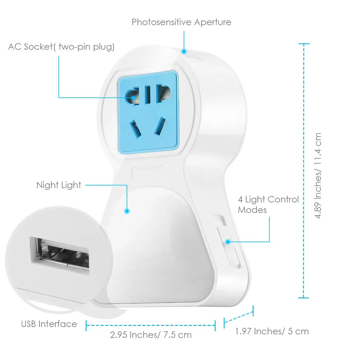 2-in-1 Portable Wall Outlet LED Night Light Dusk Dawn Sensor USB Zpaxo