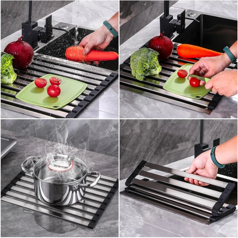 304 Stainless Steel Kitchen Sink Drain Rack Foldable Dish Drainer Zpaxo