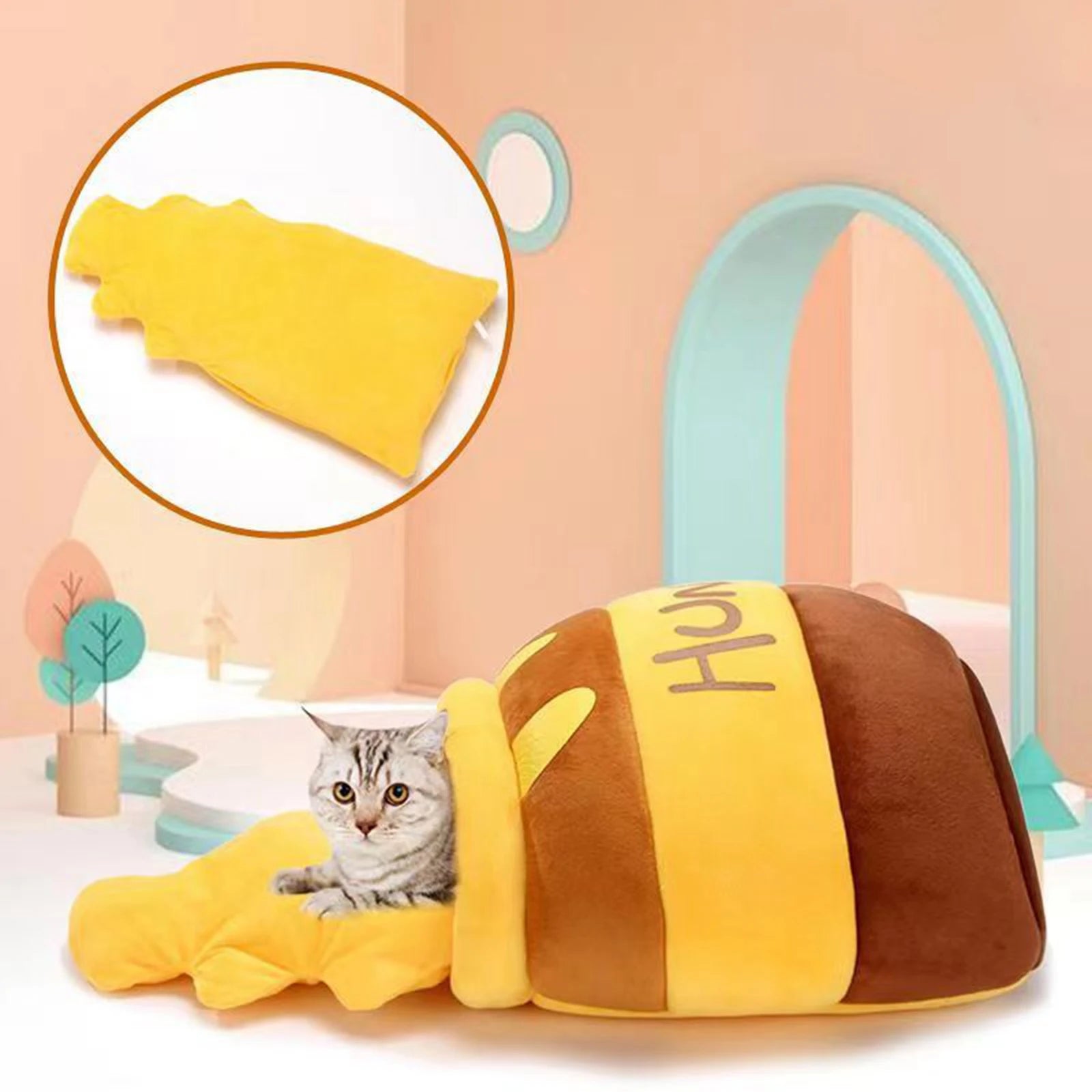 Honey Shape Cat Bed for Indoor Cats Pet Bed Nest washable Removable Cat Pet sleeping bed Cartoon honey jar shaped cat bed Zpaxo