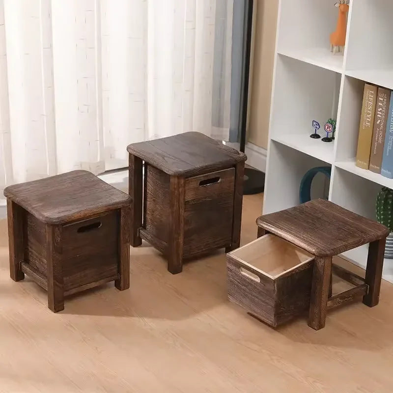 Solid Wooden Nordic Storage Square Stool with Drawer Entrance Hallway Change Shoes Bench Bedside Low Table Cabinet for Apartment Zpaxo