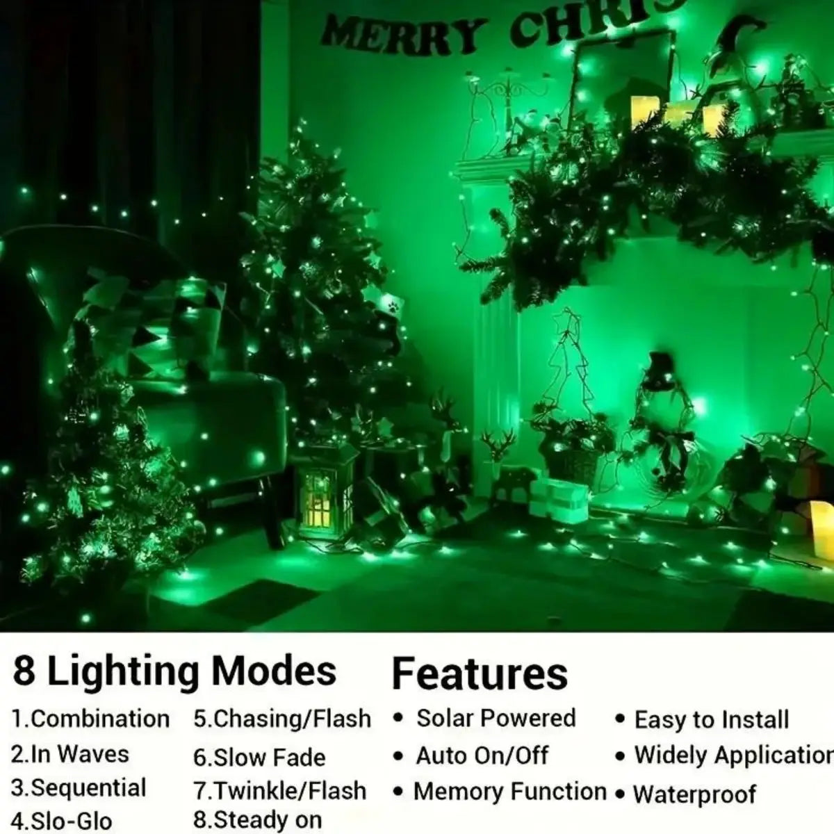 Solar Powered Green String Lights 8 Lighting Modes Waterproof Outdoor Zpaxo