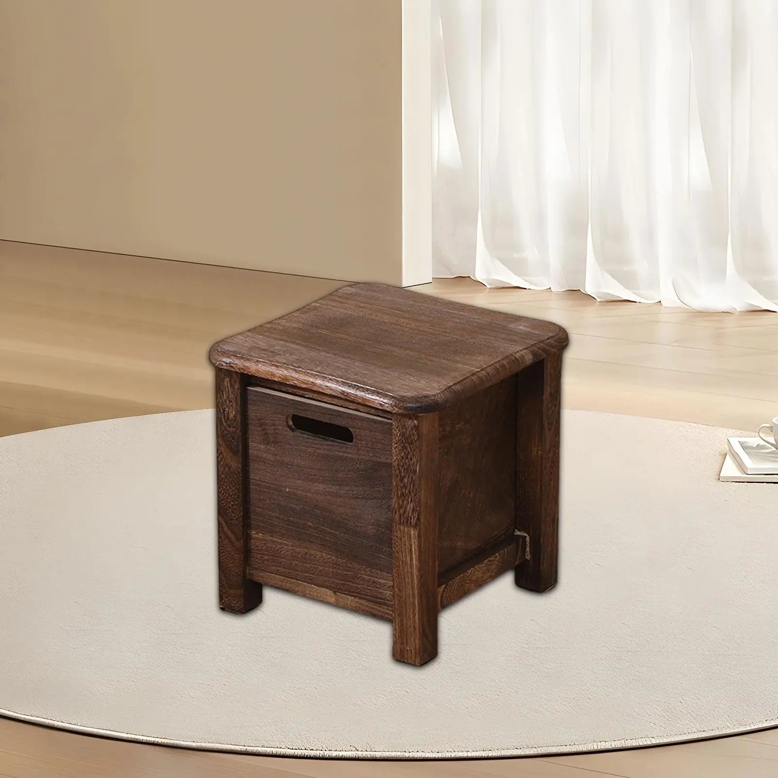 Solid Wooden Nordic Storage Square Stool with Drawer Entrance Hallway Change Shoes Bench Bedside Low Table Cabinet for Apartment Zpaxo