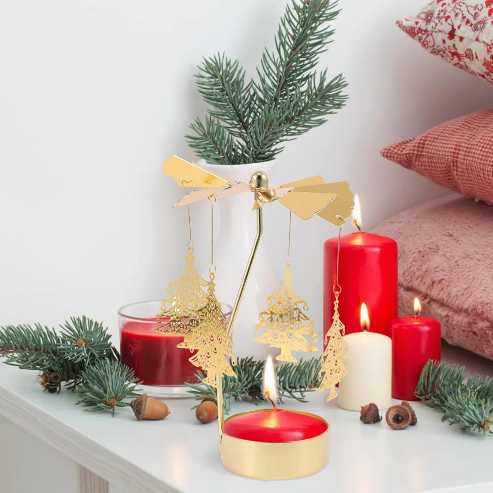Christmas Golden Candlestick Metal Tea Lamp Stand Tree Rotating Zpaxo