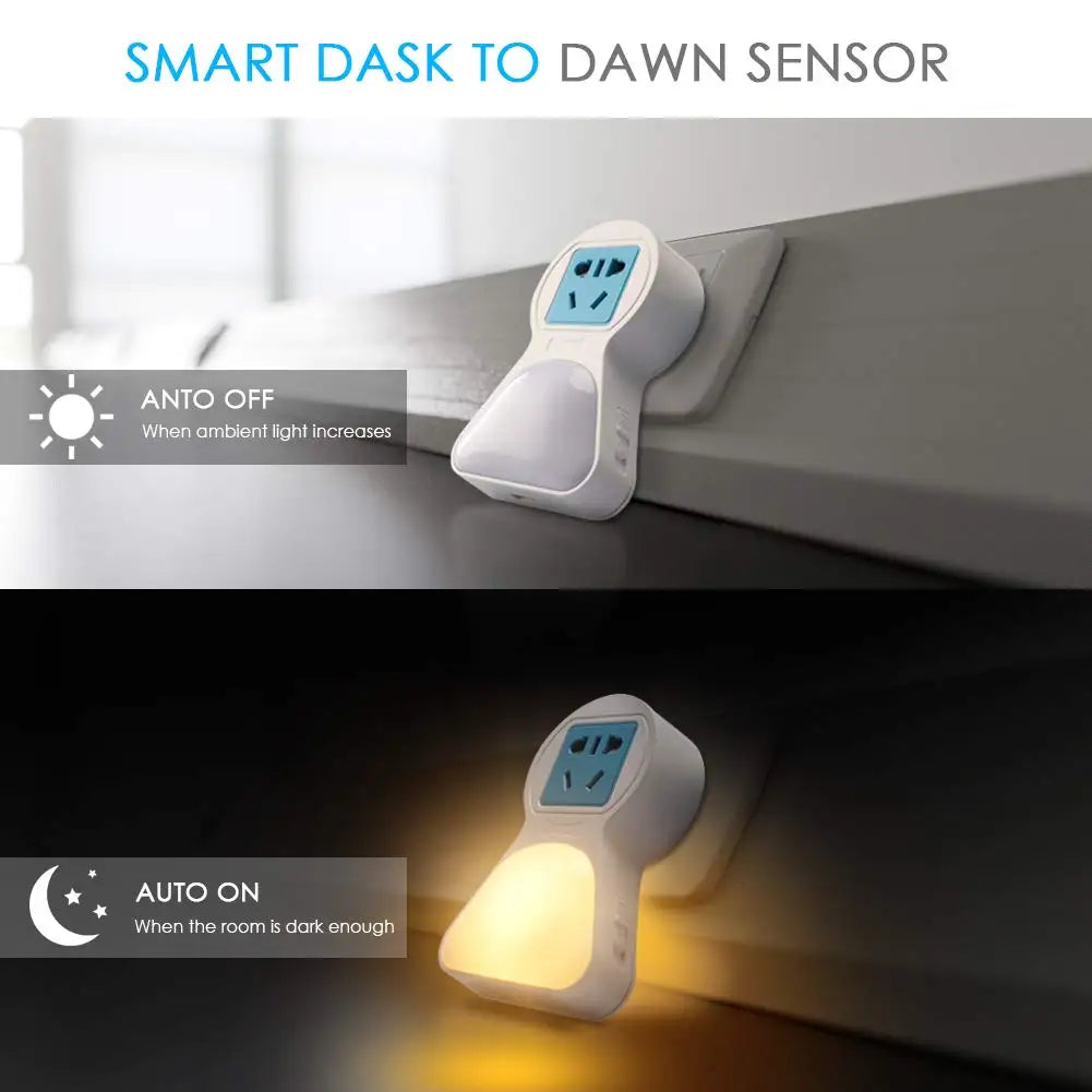 2-in-1 Portable Wall Outlet LED Night Light Dusk Dawn Sensor USB Zpaxo