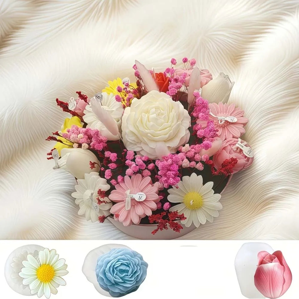 3pcs/set Candle Molds, Peony,Rose,Tulip,Silicone Molds-for Candle Making,Resin Crafts, Wax/Plastic Materials-for Valentine'S Day Zpaxo