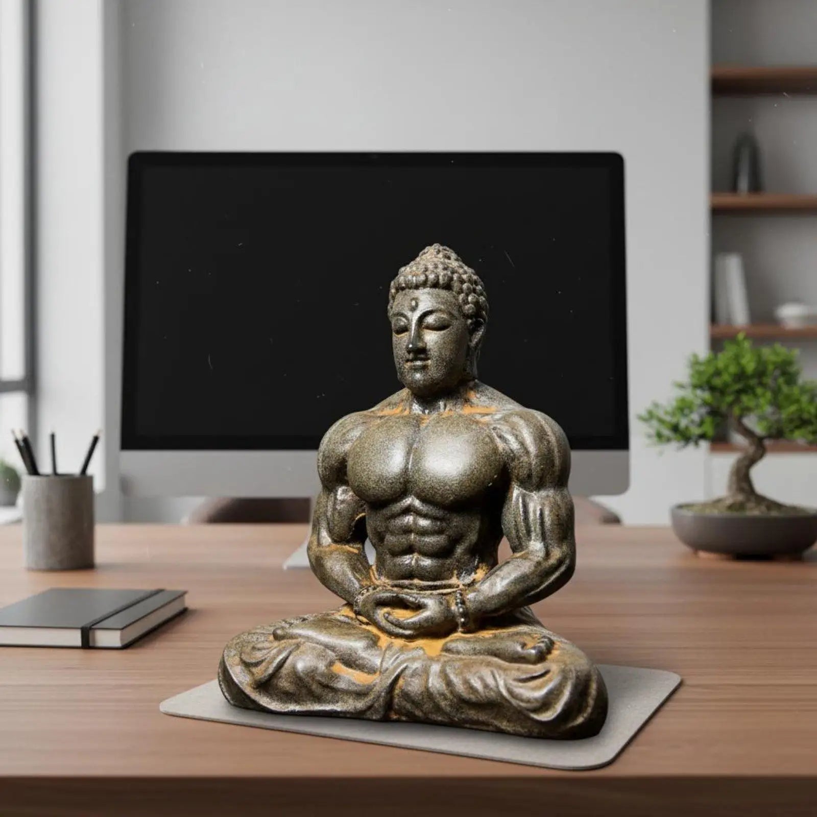 Resin Muscular Buddha Statue Creative Design Bodybuilder Buddha Figurine Vintage Style Meditating Muscle Man Statue for Fitness Zpaxo