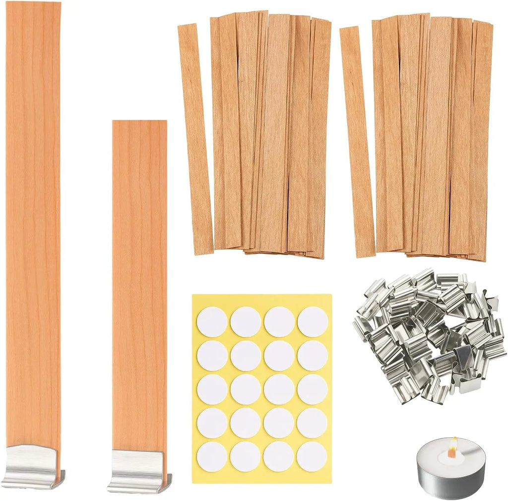 Wooden Candle Wicks Set – 20 Wood Wicks, Clips & Adhesive Dots Candle Making Wicks Zpaxo