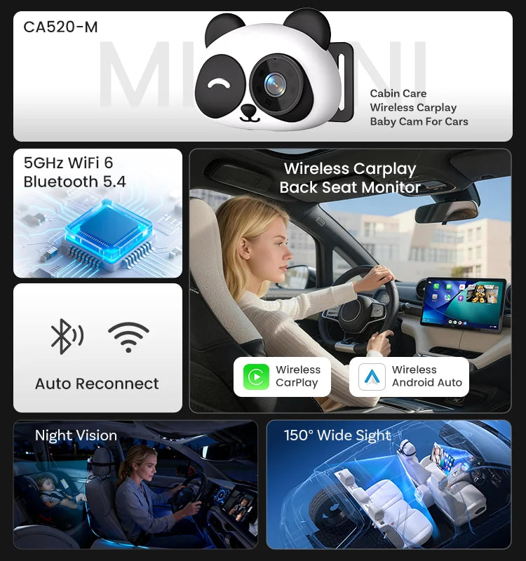 Cabin Care Car Camera For Baby Wireless CarPlay Adapter 1080P Baby Car Camera 150° Wide Angle Real Time Seat Monitor For 98% Car Zpaxo