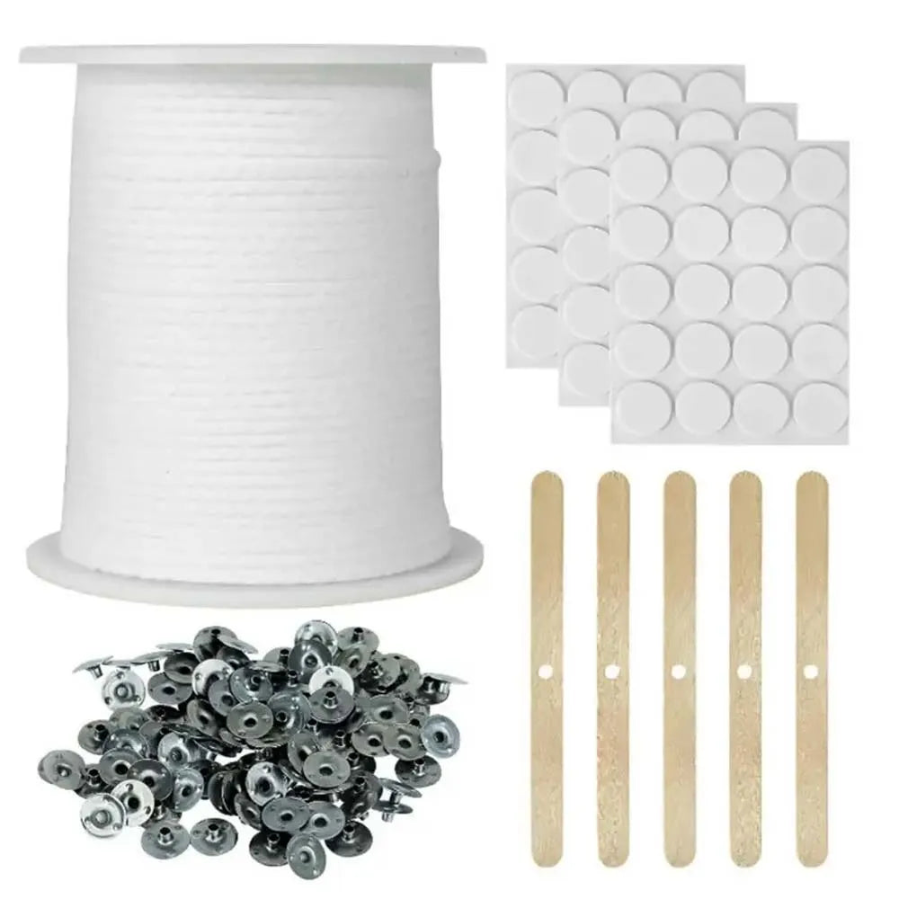 Candle Making Material Set,Candle Wicking 1 Roll, 3 Sheet Glue Points 5 Single Hole Wooden Fixers, 100 Small Wicking Buckles Zpaxo