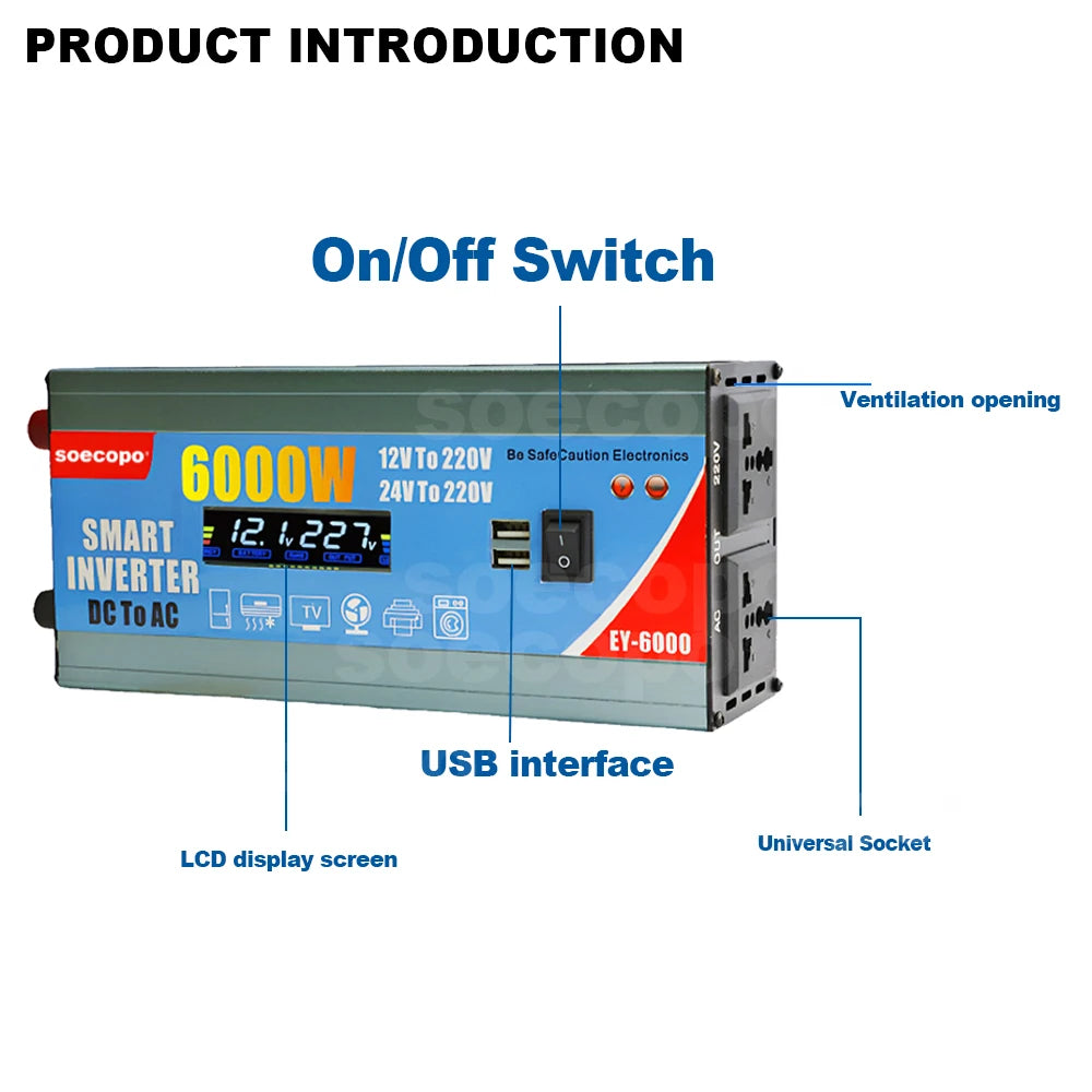 High-Efficiency 6000W Dual Voltage Power Inverter with LCD Display, Multi-Protection & Dual USB Ports Zpaxo