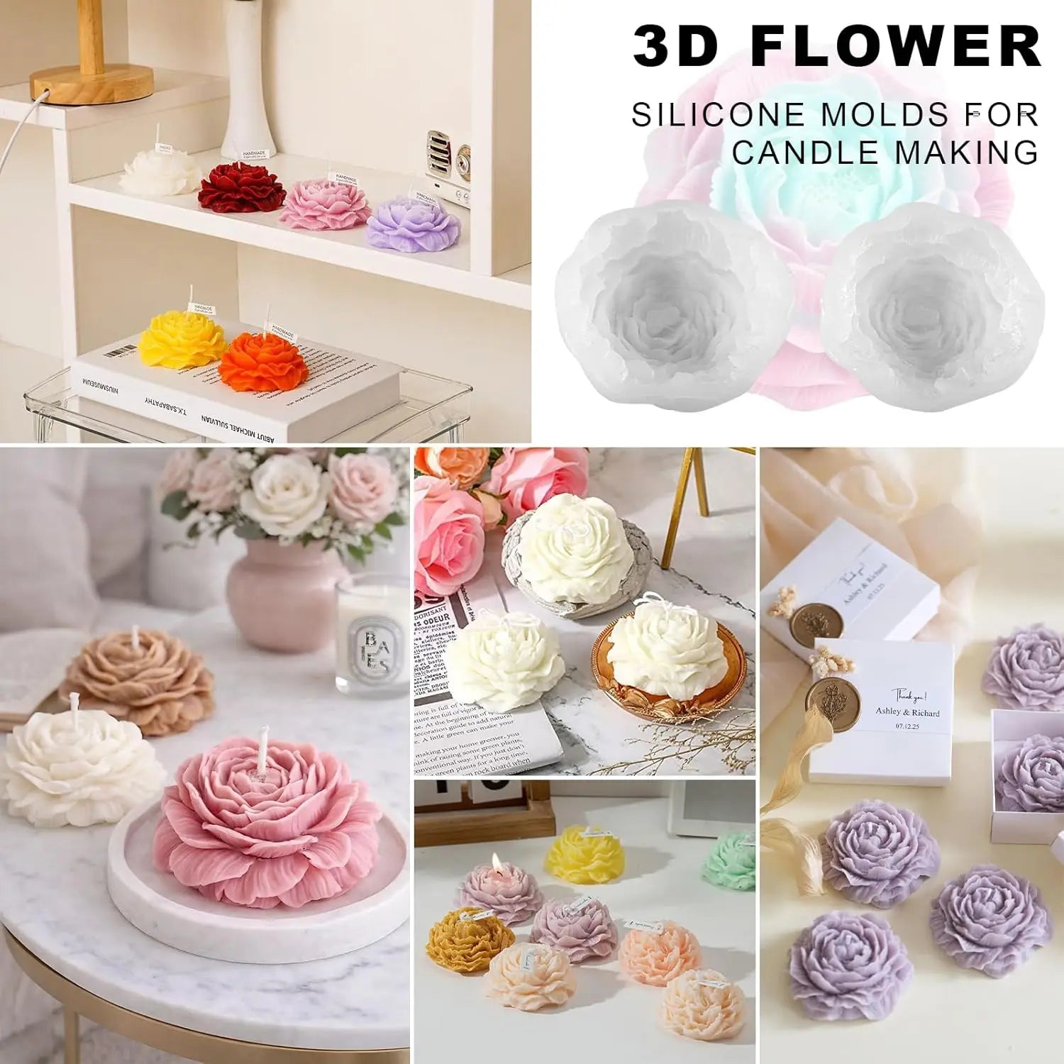 3D Peony Silicone Mold – Candle, Fondant & Cake Decor Silicone Craft Mold Zpaxo