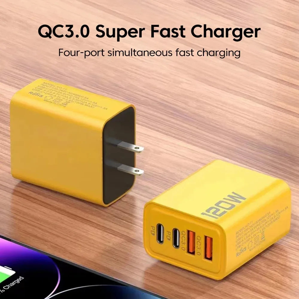 120W 4-Port USB-C Fast Wall Charger QC 3.0 – Multi-Device USB Wall Charger Zpaxo