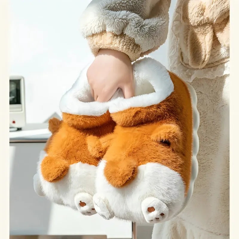 SHAJI Winter Warm Fleece Slippers Women Cute Corgi Closed Back Cotton
