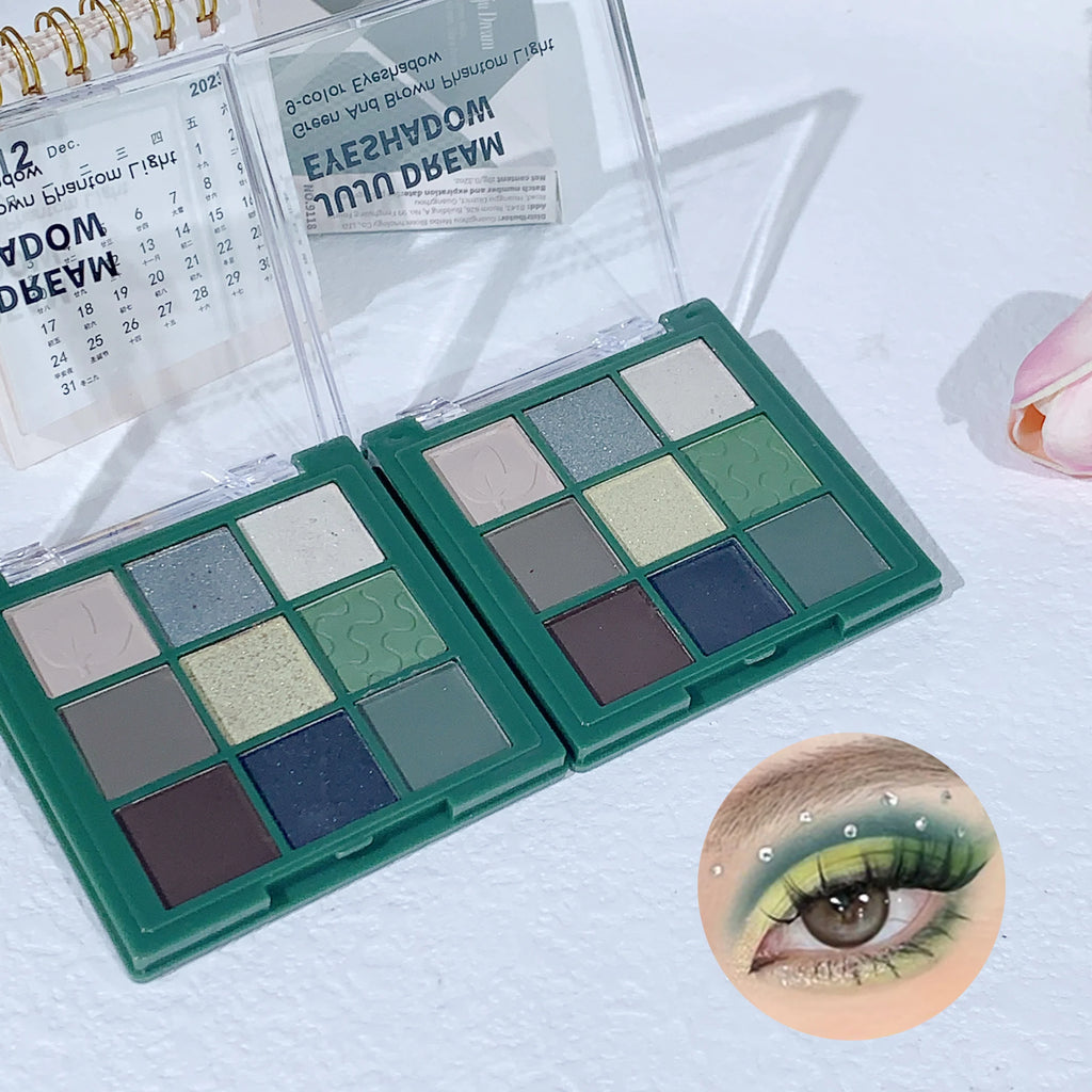 Green Tone 9-Color Eyeshadow Palette - Shimmer & Matte Long-Lasting Pigmented Eye Makeup Palette with Leaf/Wave Texture Zpaxo