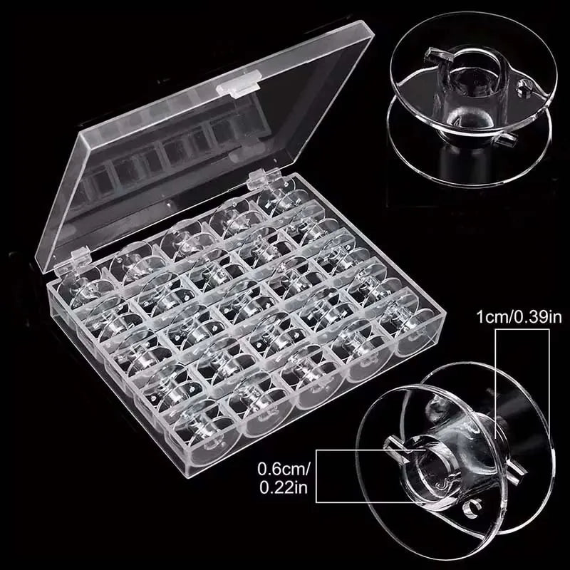 25-Piece Transparent Plastic Bobbins with Organizer Box Sewing Bobbins Set Zpaxo 1 box