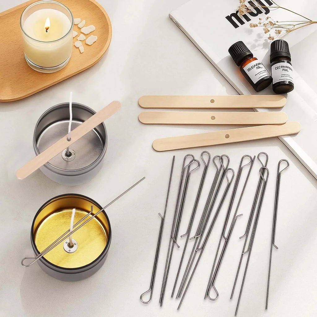 Candle Making Supplies Kit -Natural Cotton Wooden Wicks with Stickers and metel wick holder Centering Device for Candle Making Zpaxo