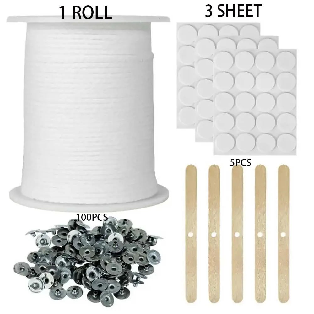 Candle Making Material Set,Candle Wicking 1 Roll, 3 Sheet Glue Points 5 Single Hole Wooden Fixers, 100 Small Wicking Buckles Zpaxo set 1