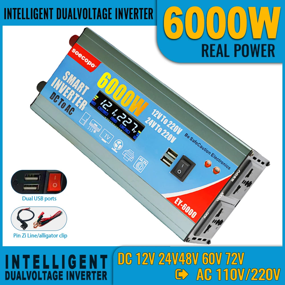 High-Efficiency 6000W Dual Voltage Power Inverter with LCD Display, Multi-Protection & Dual USB Ports Zpaxo peak power 6000W Universal 12V and 24V|220V