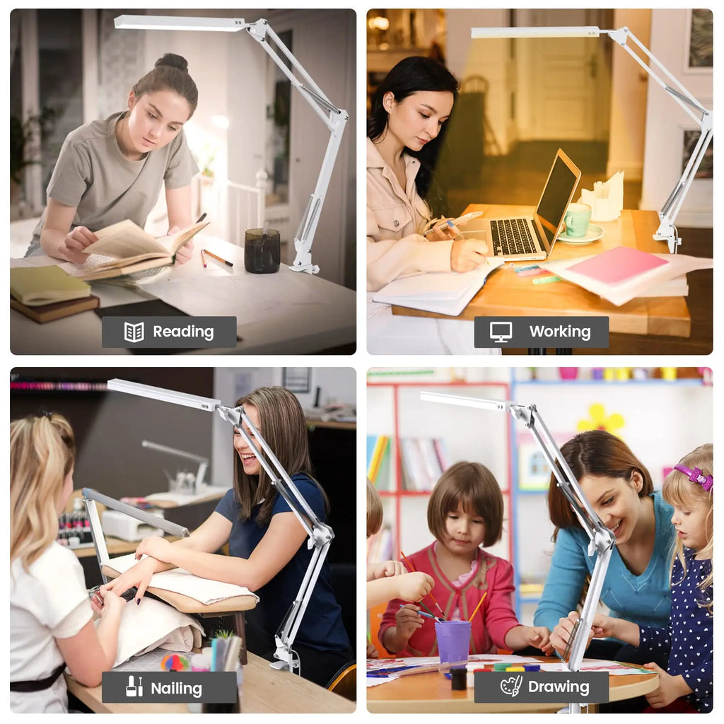 LED Desk Lamp Long Arm Foldable Clamp Adjustable Eye Caring Light with 3 Color Modes Dimmable for Reading Study and Office Work Zpaxo