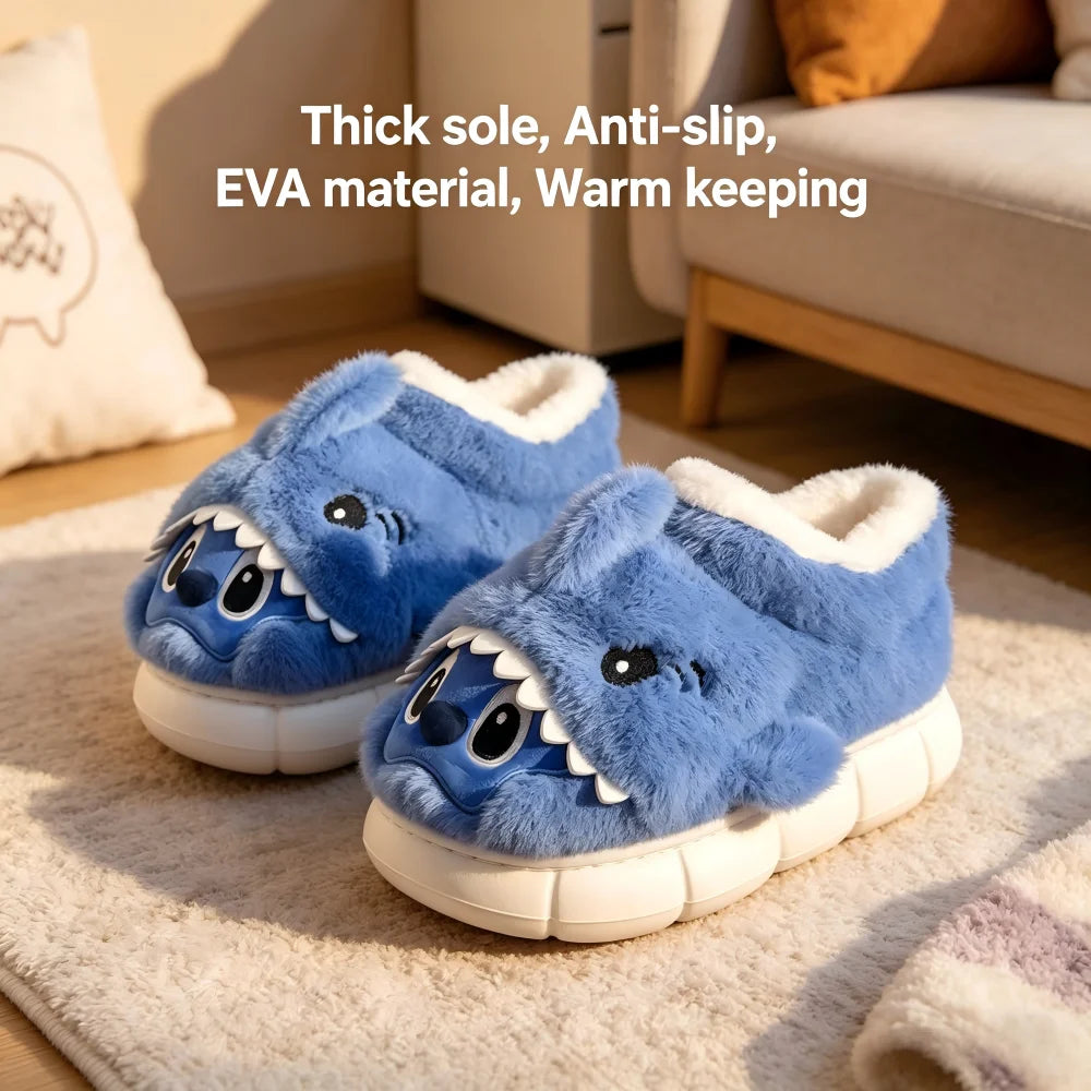 SHAJI Unisex Cute Cartoon Shark Plush Slippers Winter Warm EVA Thick