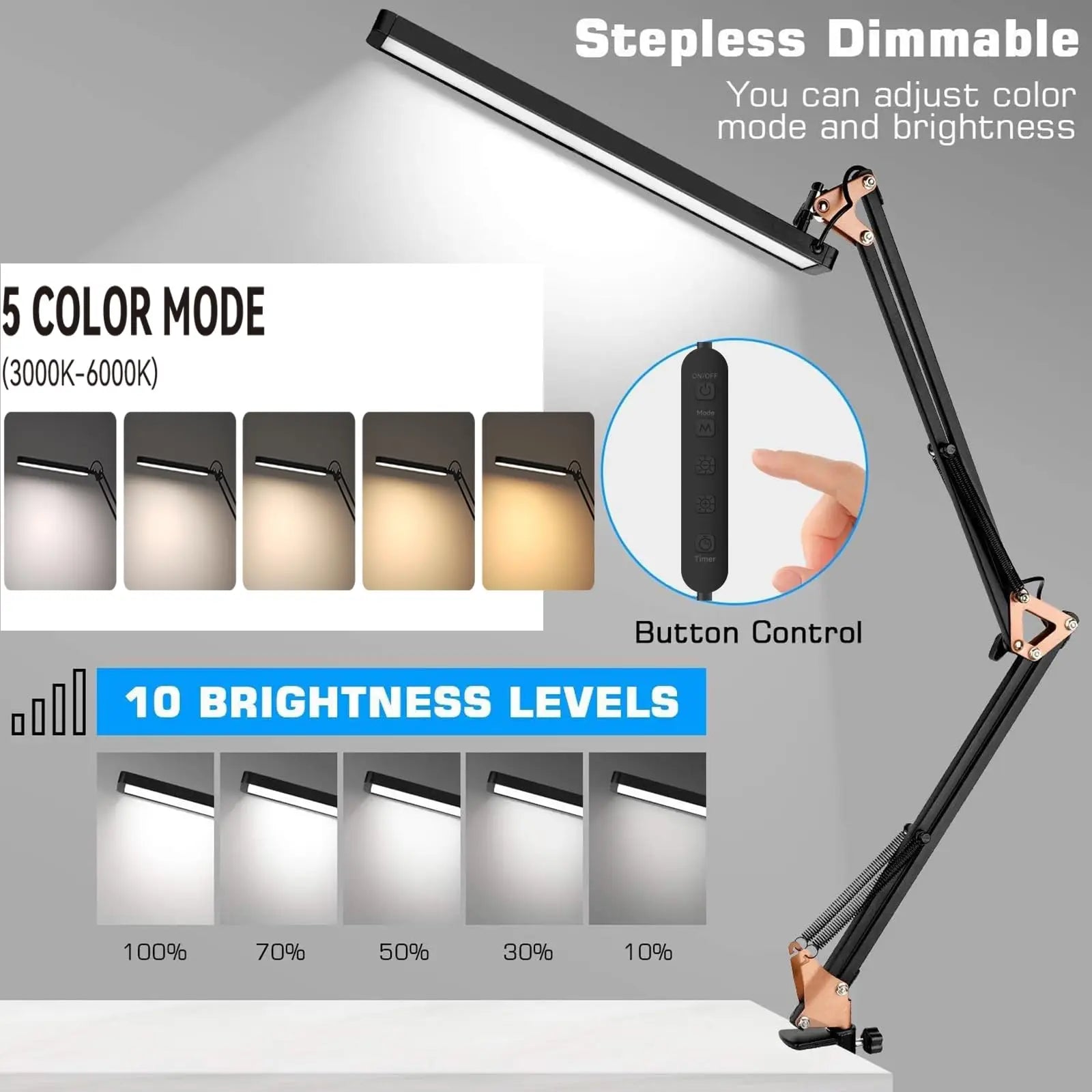 LED Desk Lamp Long Arm Foldable Clamp Adjustable Eye Caring Light with 3 Color Modes Dimmable for Reading Study and Office Work Zpaxo