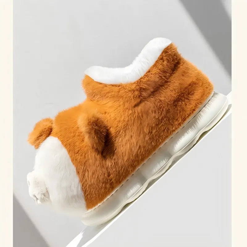 SHAJI Winter Warm Fleece Slippers Women Cute Corgi Closed Back Cotton