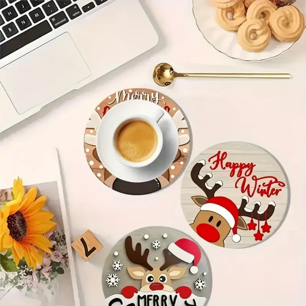Charming 6-piece Wooden Christmas Coasters Suitable Round Design Zpaxo