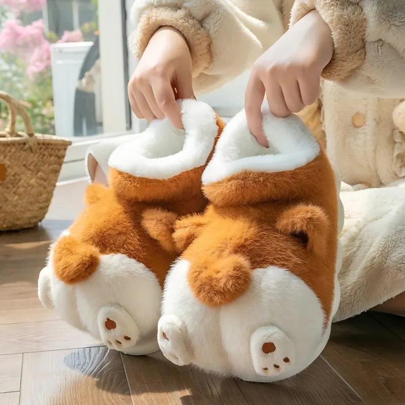 SHAJI Winter Warm Fleece Slippers Women Cute Corgi Closed Back Cotton