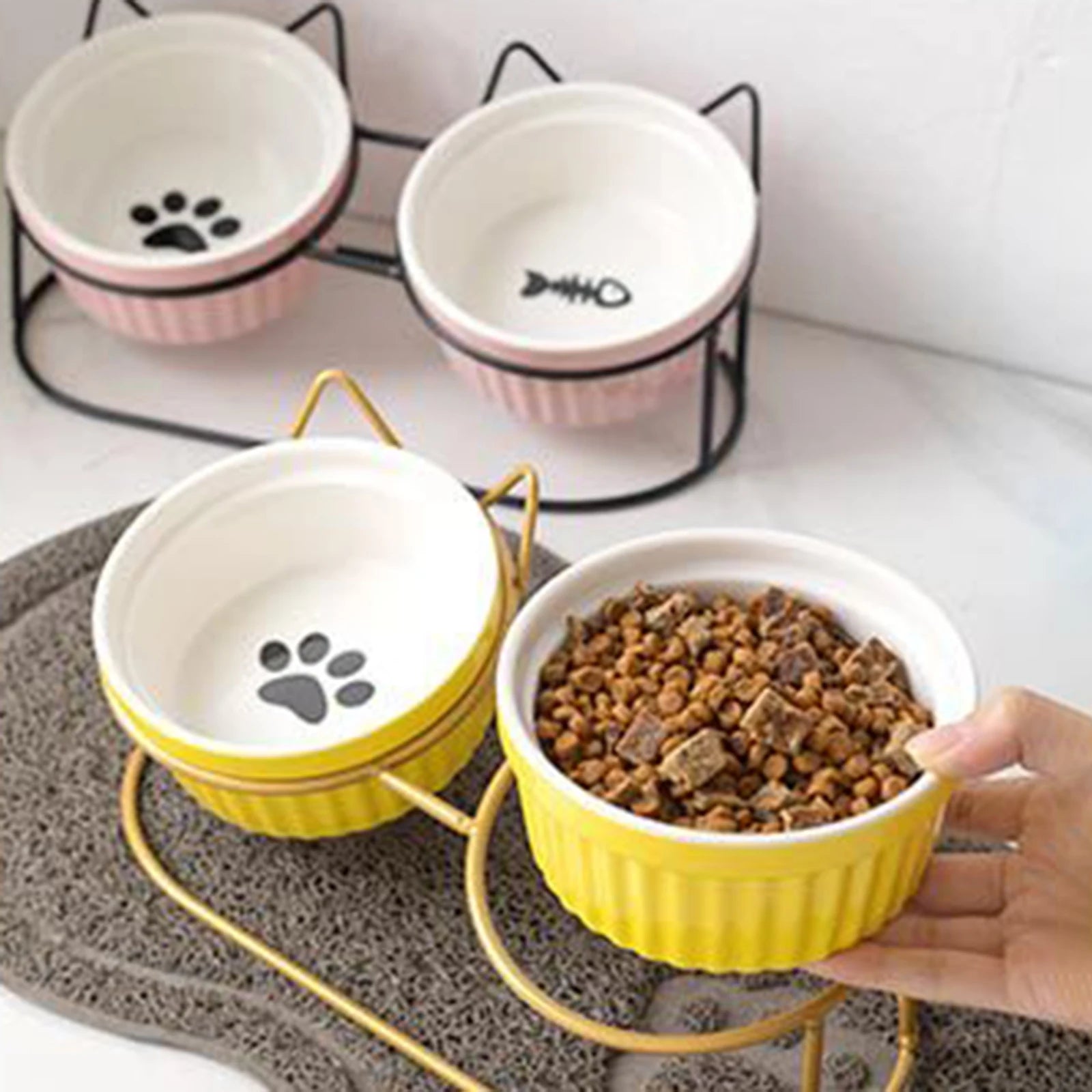 Retro Cat Bowls Raised Stand, Double Elevated Feeding Bowls Holder for Pet Ceramic Bowl Dog Cat Food Feeding Bowls Stand Zpaxo