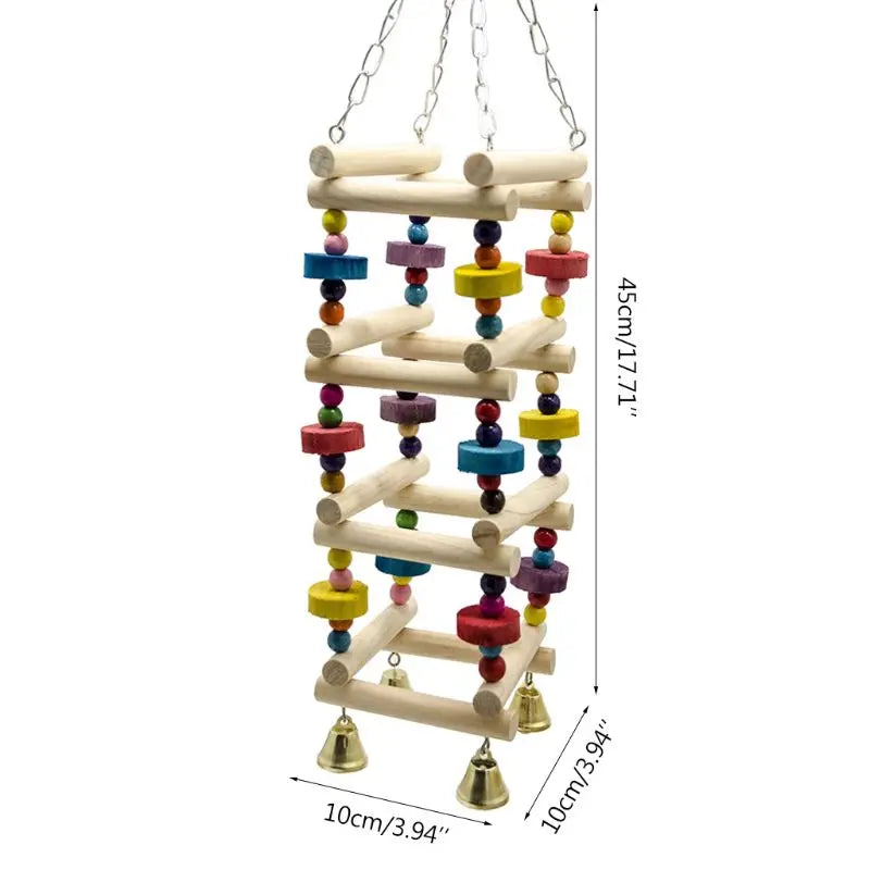 Colorful Wooden Bird Parrot Swing Ladder Toy Bell Hanging Chewing