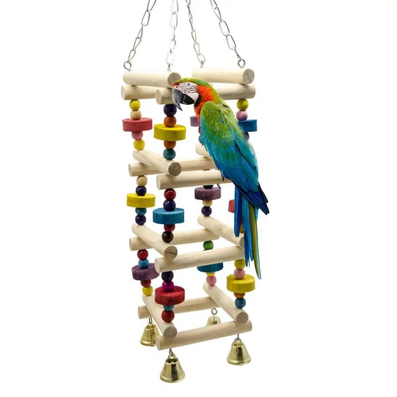 Colorful Wooden Bird Parrot Swing Ladder Toy Bell Hanging Chewing