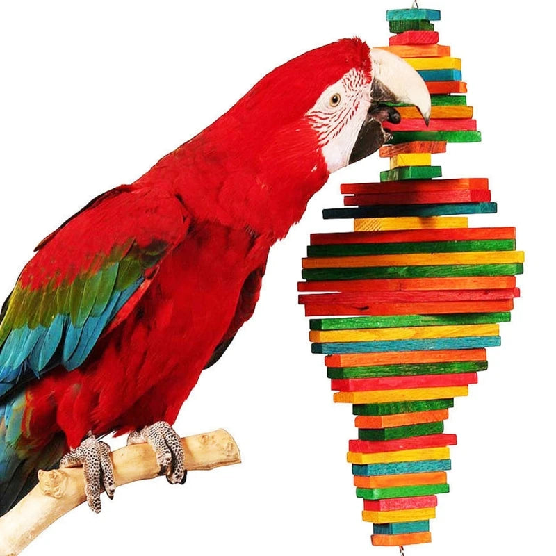 Rainbow Wood Blocks Bird Chew Toy Hanging Chain Cage Parrot Toys